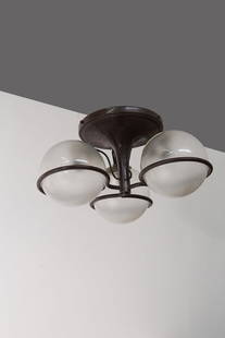 Gino Sarfatti Chandelier for Arteluce, label: Height: 28 c.a cm, Diameter 50 cm.Gino Sarfatti chandelier or ceiling light mod. 2042/3 with lacquered aluminum frame and frosted glass spheres. Labelprod. Arteluce, 1960s