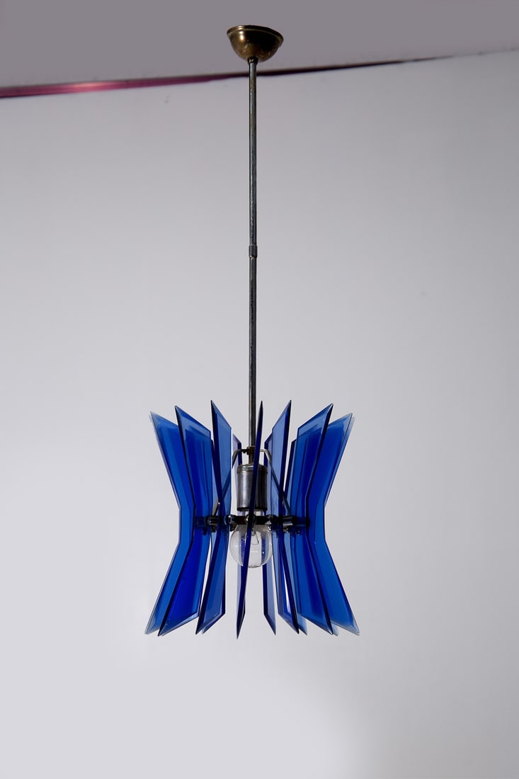 Manifattura Italiana Pendant Attr. Veca: Height: 85 cm, Diameter: 30 cmblue murano glass chandelier attr. to manifattura veca 1970s