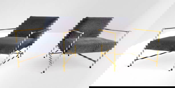 Pair Armchairs: Width 78 cm, Depth 87 cm, Height 78 cm, Seat height 42 cmPair of DiTre Italia armchairs, model Kyo. Gold painted metal frame and gray velvet upholstery. Designer: Stefano Spessotto & Lorella Agnoletto