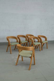 Axel  Enthoven    Set of six chairs for Rohe: Height: 77 cm Width: 65.5 cm Depth: 55 cmSet of six chairs made of steam-curved rattan, and original 1970s-era fabric. Design Axel Enthoven for Rohe