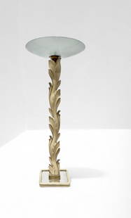 Giovanni Gariboldi - Fontana Arte , Floor lamp: Height 181 cm, Diameter 72 cmLamp with carved and lacquered wood foliage stem surmounted by an etched glass shade, on a rectangular painted wood base with brass trim and mirrored glass. Prod. Fontana