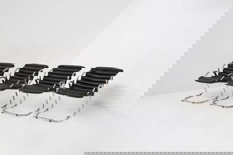 Manifattura Italiana    Set of four leather chairs: Height: 76 cm Width: 57 cm Depth: 61 cmSet of four chairs Italian manufacture 1960s. Chrome-plated steel frame and black leather seat upholstery.