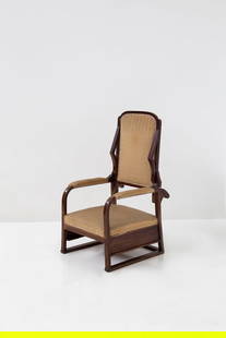 Manifattura Italiana    Italian Liberty armchair in original fabric: Height: 121 cm Width: 67 cm Depth: 72 cm Seat height: 34 cmPeriod armchair in Italian Liberty style, with a curved wooden frame and refined details. Features a hidden reclining mechanism behind the ba
