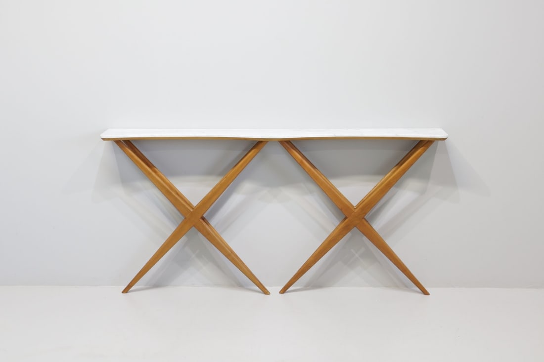 B.B.P.R. BANFI, BELGIOIOSO, PERESSUTTI, ROGERS Console: Height: 90 cm Width: 180 cm Depth: 24.5 cm Console table with marble top, double X-shaped wooden legs, Studio B.B.P.R., 1950