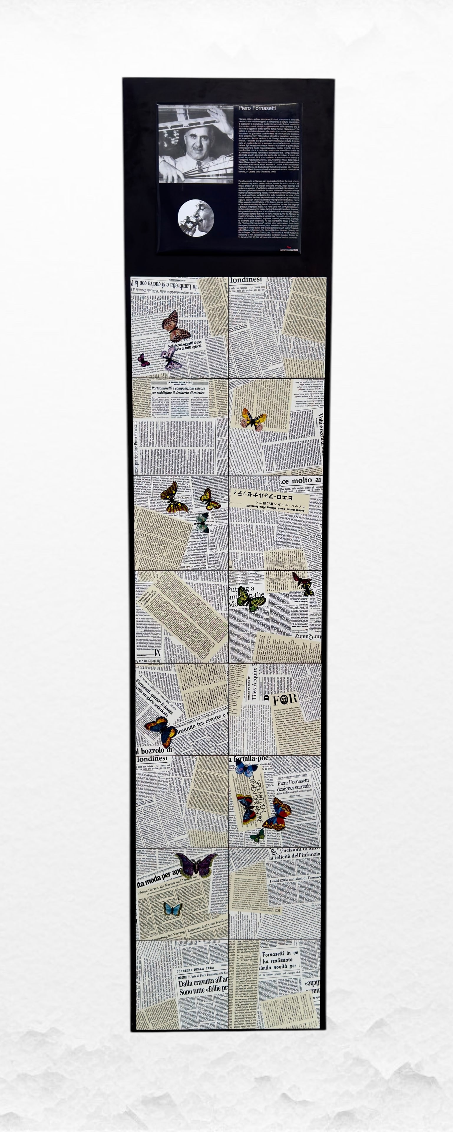 Piero Fornasetti Ultime Notizie Tiles.: Width 43 cm Depth 3 cm Height 200 cmSet of 16 decorated ceramic tiles "Ultime Notizie". Single tile 20x20 cm. Bardelli Ceramics, Italy, 1990s Literature: Fornasetti - Una Follia pratica, Patrick Mauri