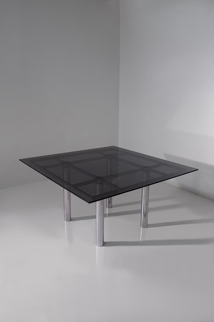 Afra & Tobia Scarpa Gavina Dining table: Height: 69 cm Width: 129.5 cm Depth: 129.5 cm"André" dining table by Afra Scarpa for Gavina, 1968. Dark glass top, steel metal frame.