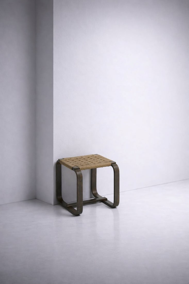 Giuseppe Pagano pouf: Height: 43 cm Width: 40 cm Depth: 45 cm Single pouf by Giuseppe Pagano from the 1930s, made of stained wood and rope