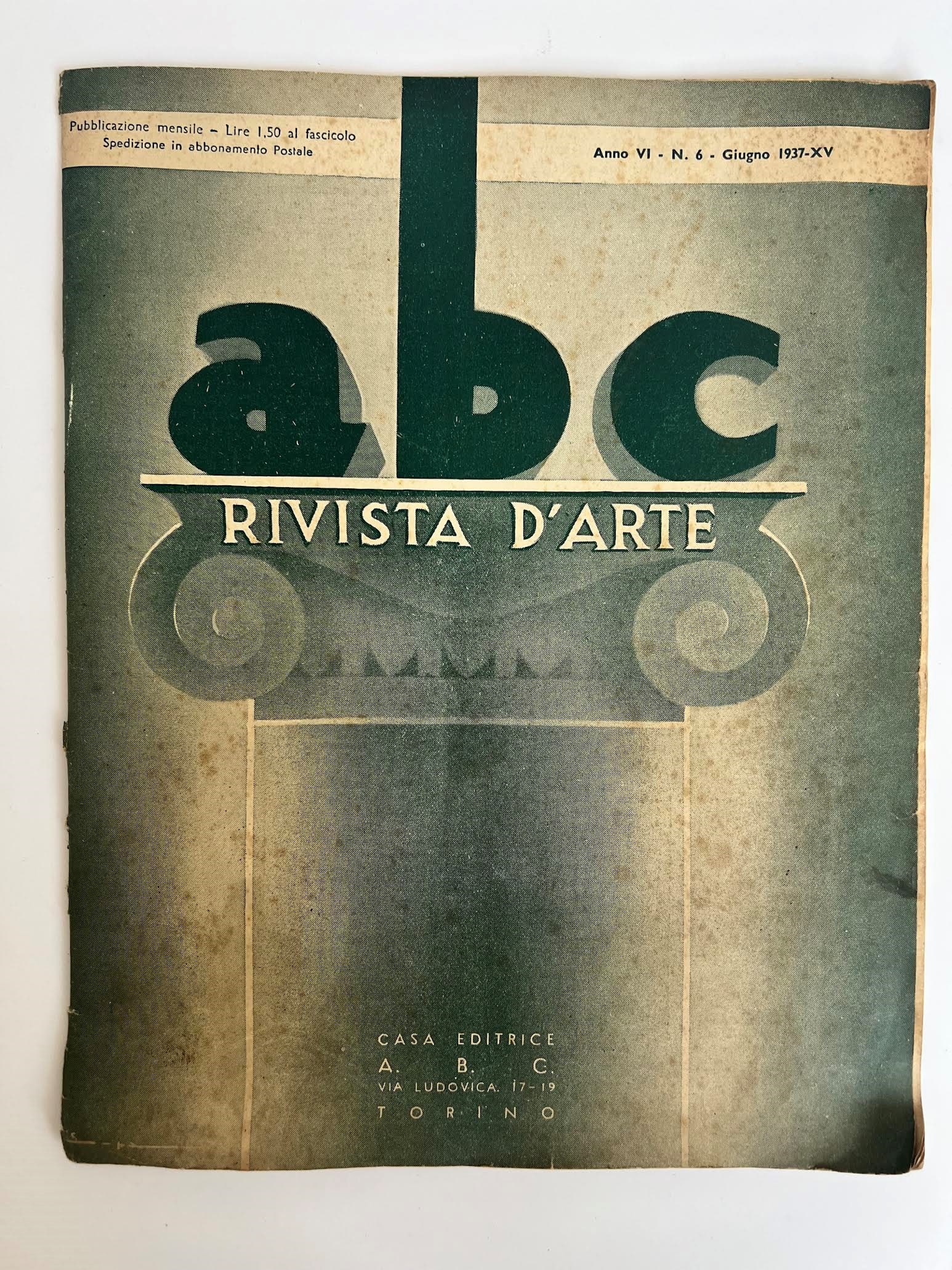 abc Rivista d'Arte: Cover of *abc Rivista d'Arte*, a specific issue from June 1937 published in Turin.?*abc Rivista d'Arte* was a monthly publication that focused on the visual arts, including painting and sculpture.