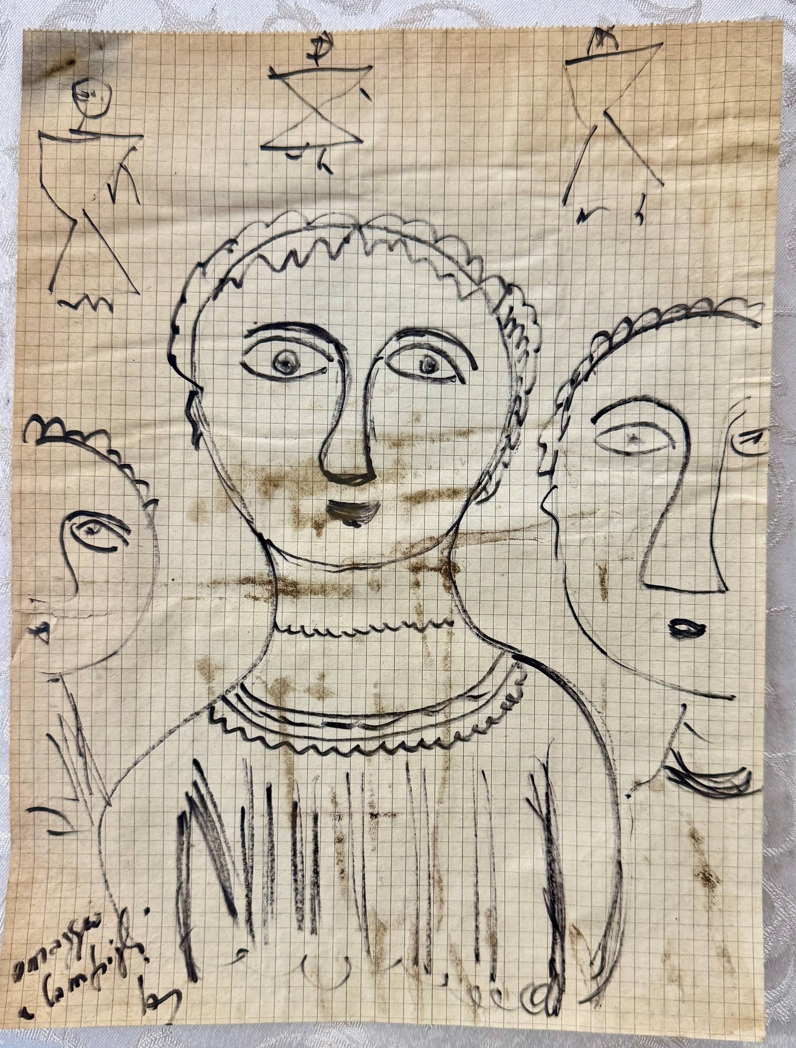 Tribute to Massimo Campigli: Study of Figures: Pencil and ink drawing on graph paper depicting a composition of stylized frontal figures, tribute to Massimo Campigli (Berlin 1895 ? Saint-Tropez 1971). The work features the artist?s characteristic