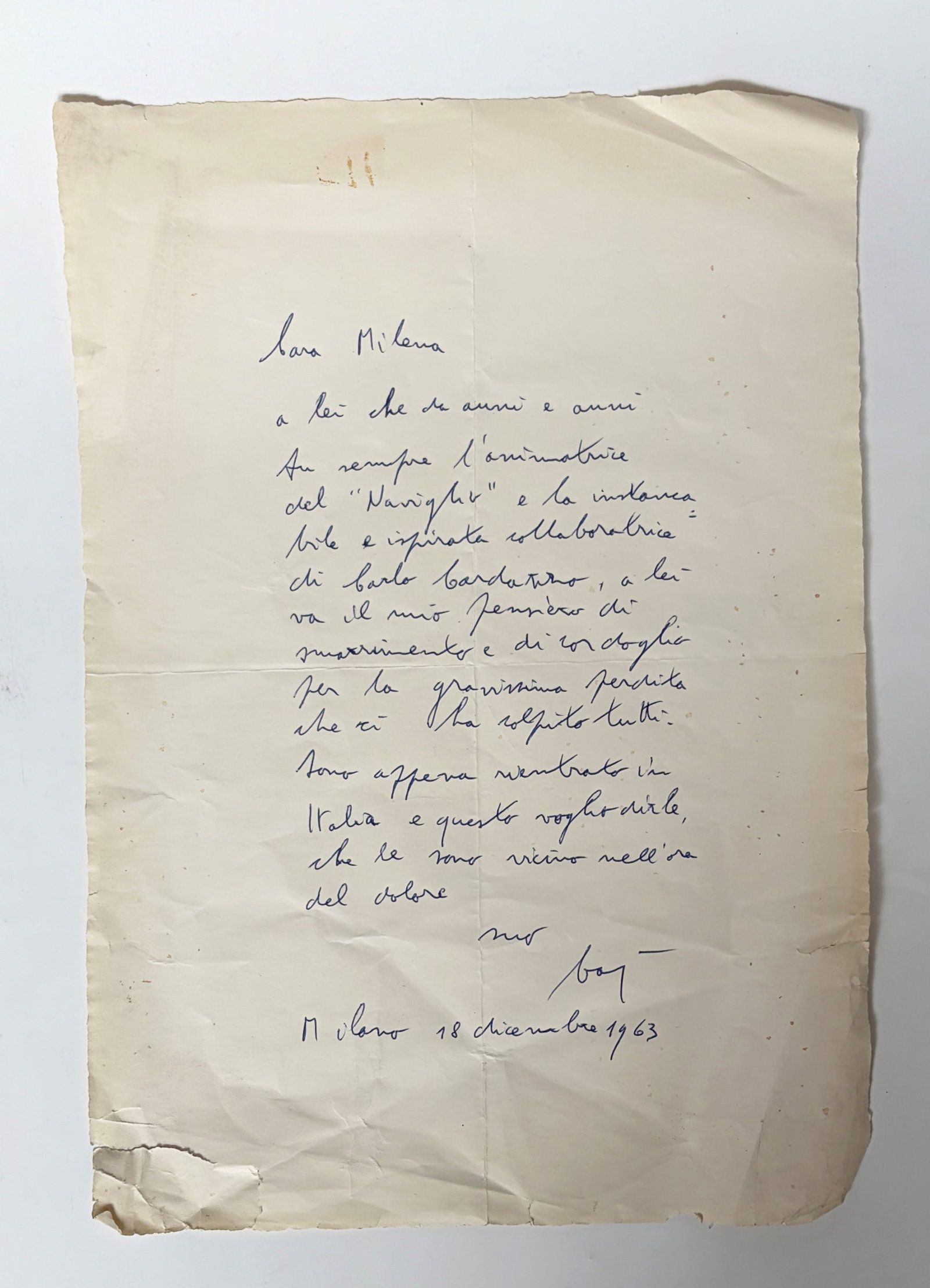 Letter to M. Milani, Enrico Baj: Enrico Baj, autographed letter to Milena Milani regarding the death of Carlo Cardazzo, Milan, December 18, 1963.Handwritten letter in blue ink on paper, addressed to Milena Milani and dated Milan,