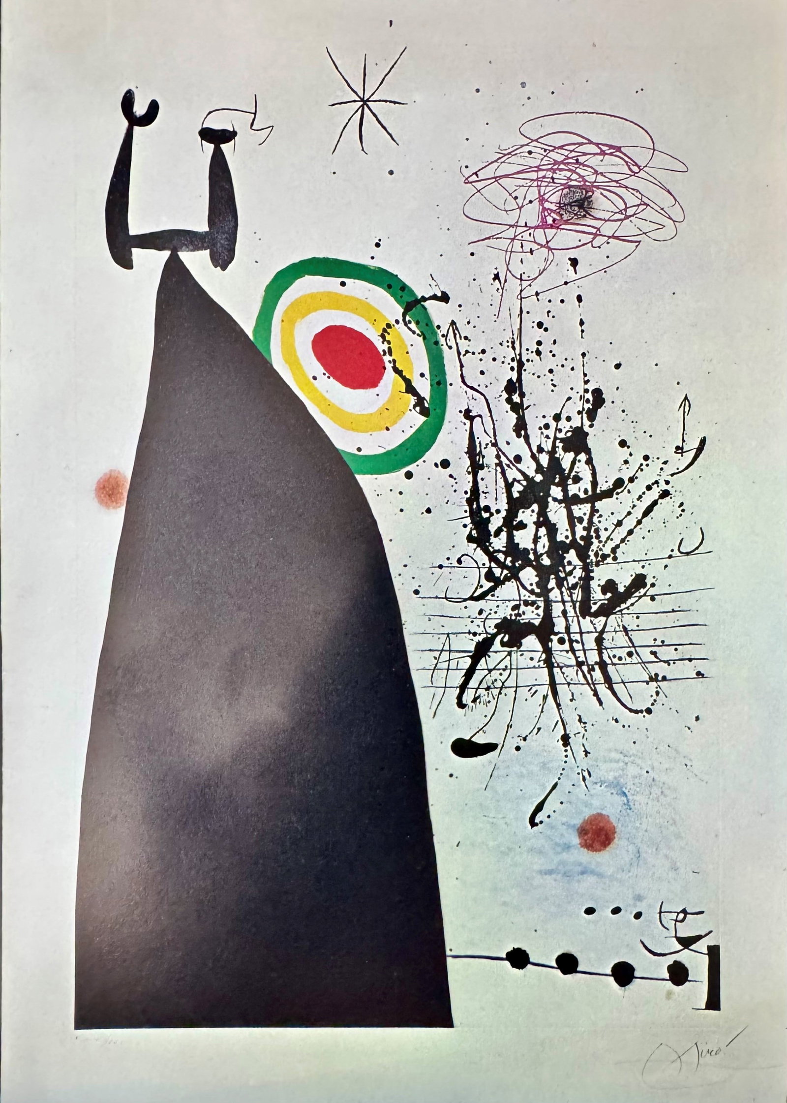 Joan Mir?: Oils, Gouaches and Selected Graphics ? Exhibition Invitation/Poster: Rare original poster-invitation for the exhibition 'Joan Mir?: Oils, Gouaches and Selected Graphics' held at the Galleria Metastasio in Prato from February 20 to March 20, 1982. The recto presents a
