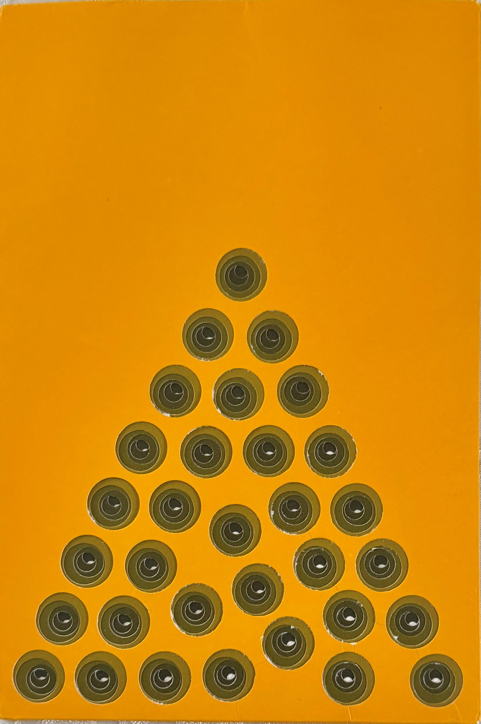 Greeting Card 1970 - Kinetization: Rare greeting card with original kinetic multiple by Pol Bury, published by the prestigious Galerie Maeght in Paris for New Year 1970. The work presents a pyramidal composition of 36 metal spirals on