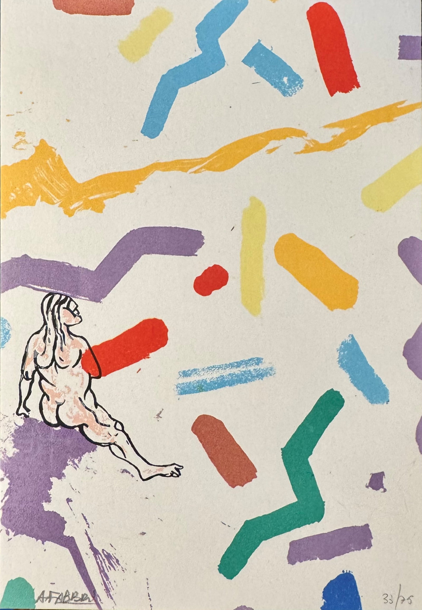 Seated Figure with Abstract Elements: Color lithograph by Agenore Fabbri (Barba, Pistoia 1911 ? Savona 1998), signed in pencil and numbered 33/75. The work presents a seated human figure, delineated with essential black line, immersed in