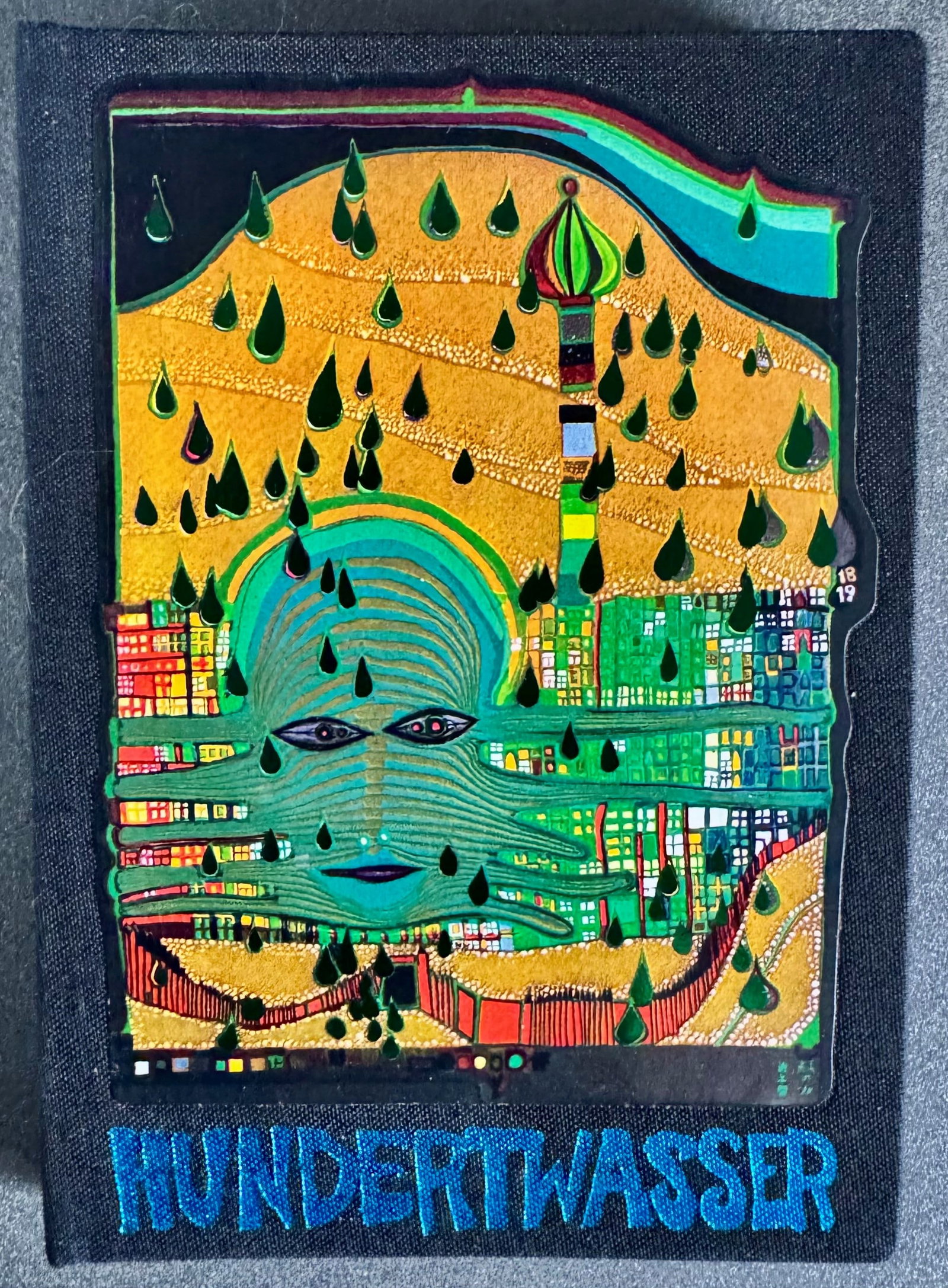 Hundertwasser is in the South Pacific: Catalogue of the traveling exhibition of Friedensreich Hundertwasser in New Zealand and Australia, 1973-1974, published by Gruener Janura AG of Glarus. Second edition (copies 25,001-50,000).