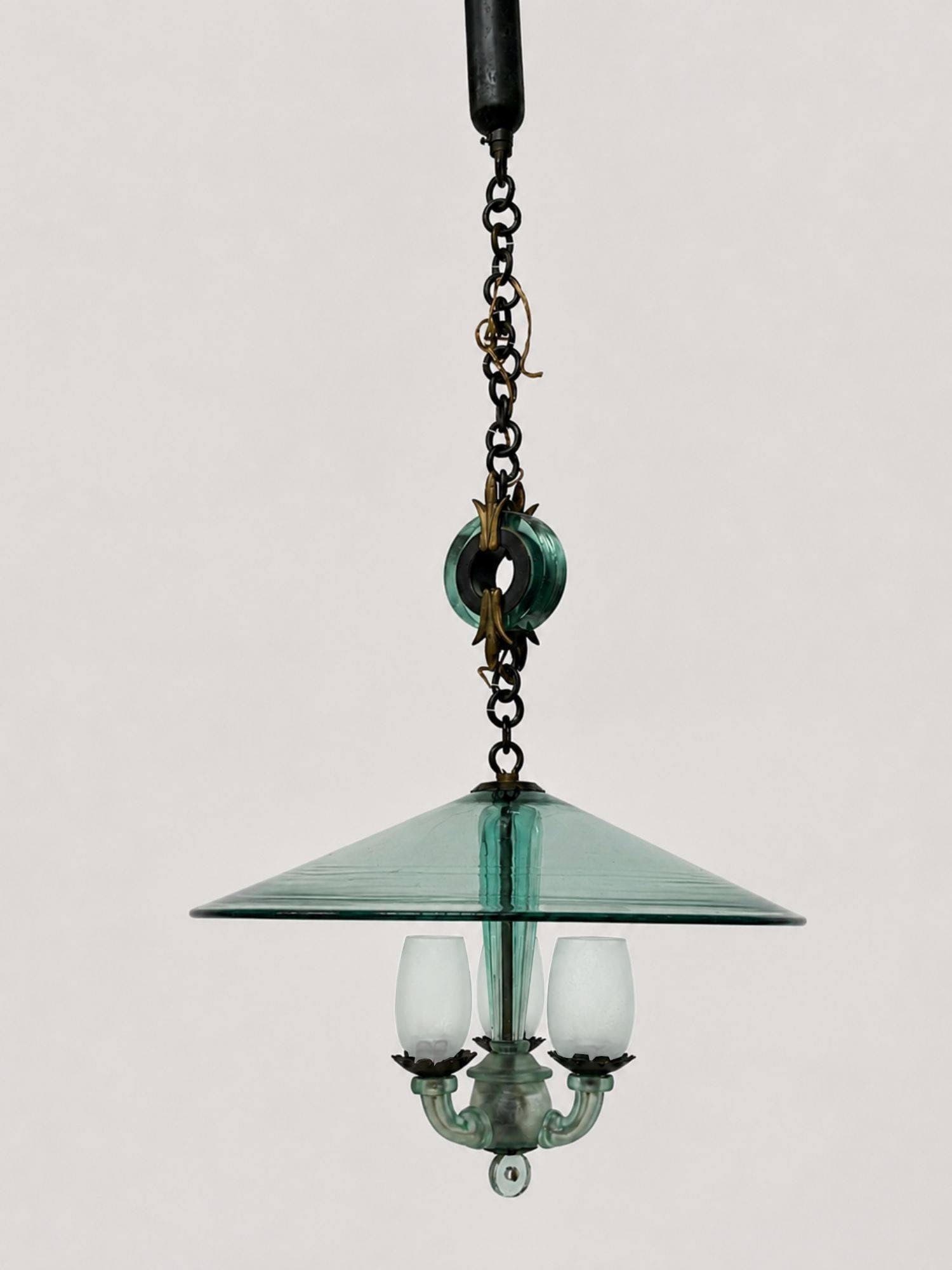Flavio Poli Pendant lamp: Height 90 cm, diameter 43 cmPendant lamp by Flavio Poli. Brass frame and etched Murano glass.Manufactured by Seguso, Italy, ca. 1940.