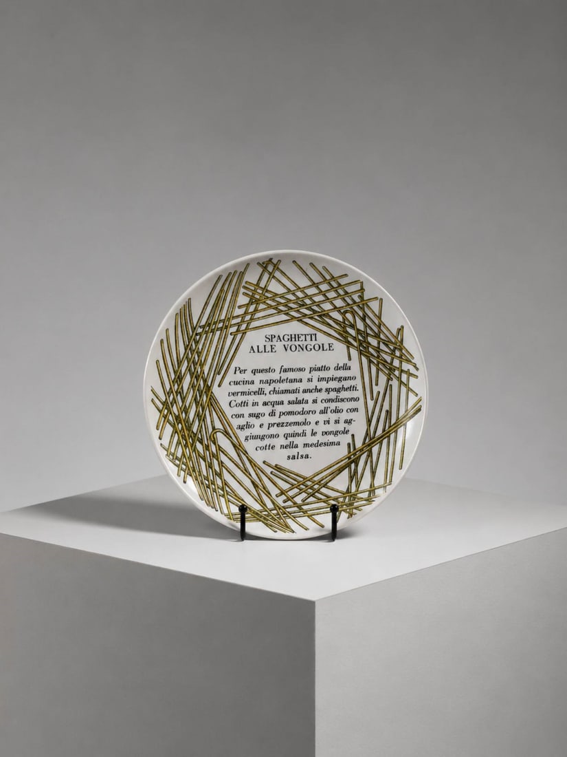 Piero Fornasetti Plate: Height 2 cm, diameter 23.5 cmA decorative plate from the ?Specialit? Napoletane? series designed by Piero Fornasetti in the 1960s, featuring a screen-printed design with the recipe for spaghetti with