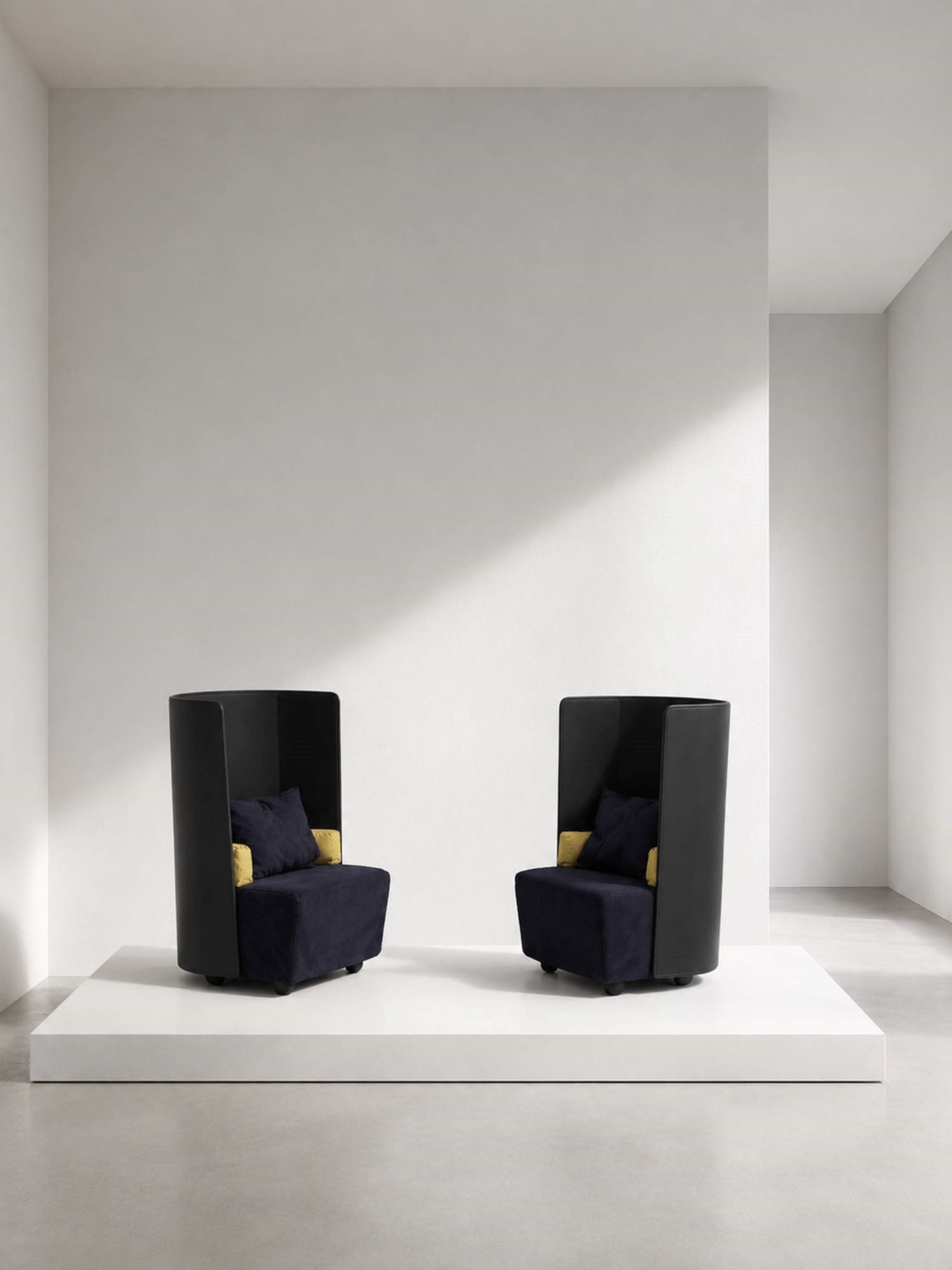 Jonathan De Pas - Donato D'Urbino , Black Armchairs: Height: 111 cm Width: 75 cm Depth: 70 cm Seat Height: 43 cmPair of armchairs made in the 1980s, Italian manufacture by?De Pass, D'urbino e Lomazzi.The armchairs have a curved back in black plastic