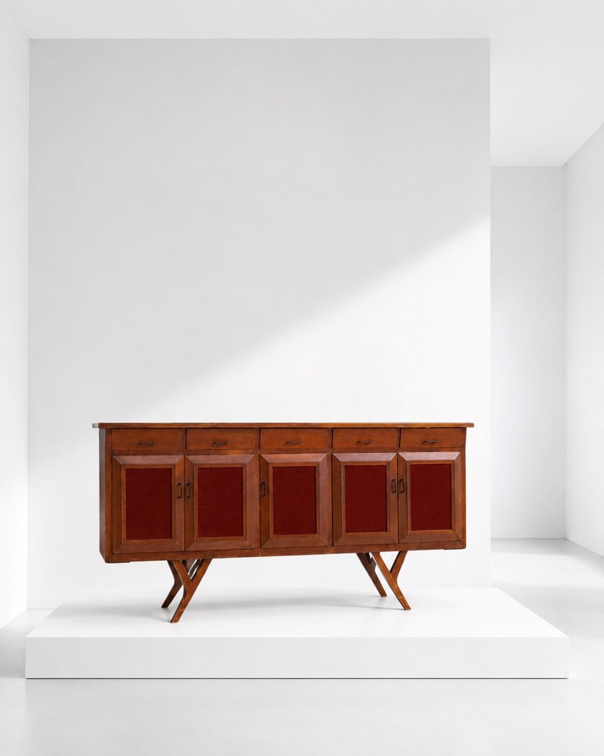 Manifattura Italiana Turin-made sideboard: Height: 132 cm Width: 244 cm Depth: 53 cmLarge sideboard of Torinese manufacture, with 5 doors covered in red velvet and 5 drawers under the top. Metal handles. Inside each door are drawings with Egyp