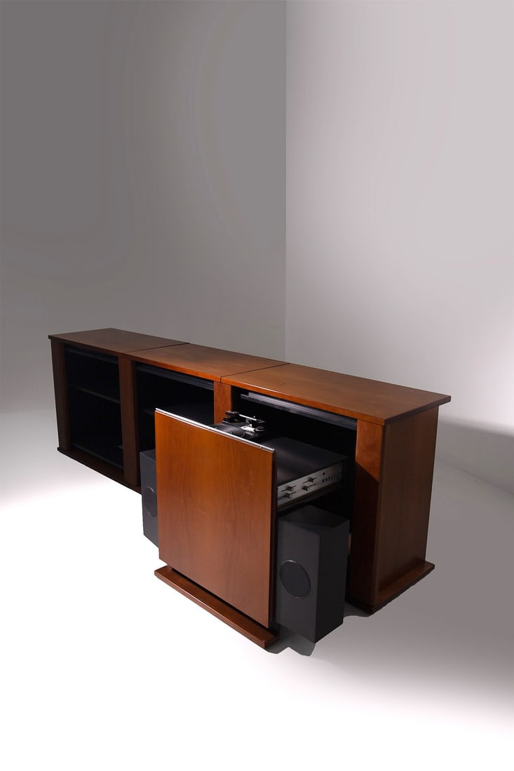 Manifattura Italiana Sideboard with internal radio: Height: 75 cm, Width: 242 cm, Depth: 45 cmItalian-made sideboard cabinet made of fine wood . Italian manufacture 1970s. The linear, minimalist design is perfectly balanced by the warm tones of the