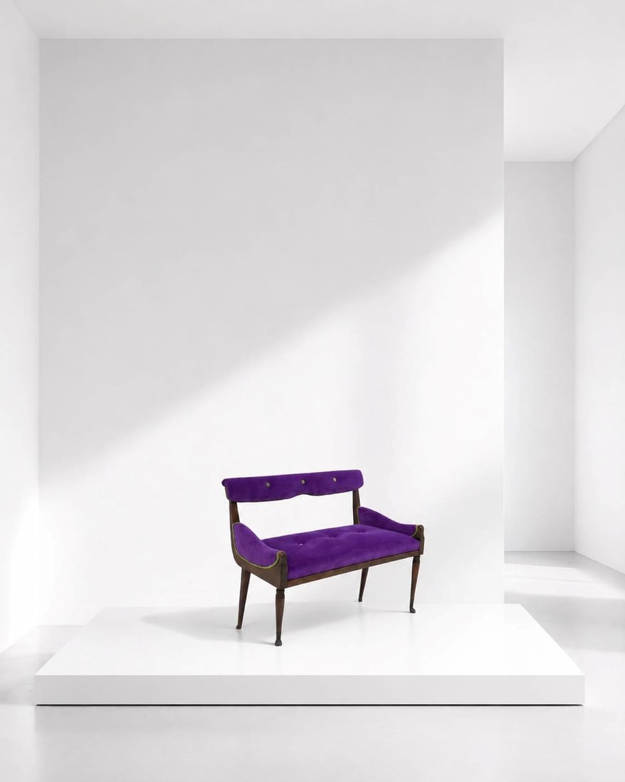 Manifattura Italiana Vintage Loveseat in Purple and Green Velvet: Height: 71,5 cm Width: 99 cm Depth: 55 cmSmall vintage wood and velvet sofa, designed in the 1950s and made in Italy, has a wooden support frame with 4 legs culminating in machined, slightly curved