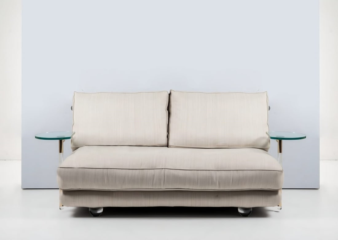 FRANCESCO MERCADANTE Nicoletti Sofa: Height: 85 cm, Width: 205 cm, Depth: 85 cmManufactured by Nicoletti, Italy, ca. 1990. Two-seater sofa with a frame made of a combination of metal, wood, clear Plexiglas, and brass. Spherical Plexiglas