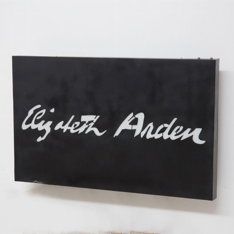 Elizabeth Arden Signs: Height: 68 cm Width: 111 cm Depth: 7 cmRare advertising sign of Elizabeth Arden, the entrepreneur who founded her cosmetics company under this name, dating back to the 1950s, taken from the store on