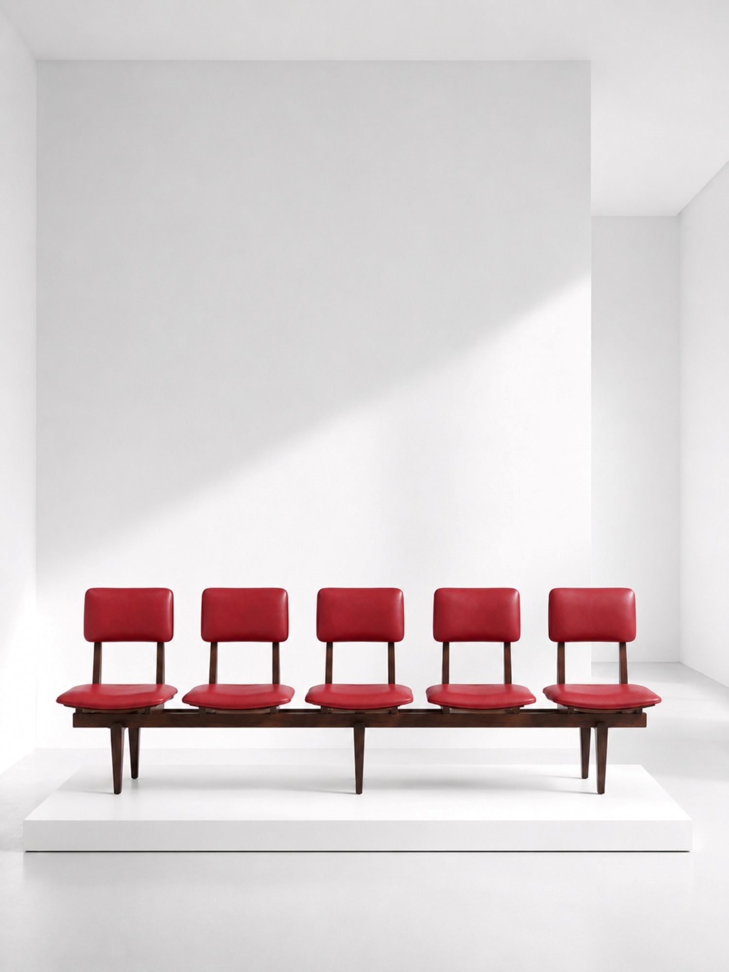 Manifattura Italiana Bench with Red seats: Height: 90mcm Widht: 246 cm Depth:59The vintage bench is of fine Italian manufacture and it is original from the 50s. It_s a multidirectional bench because the five seats can be placed to face the