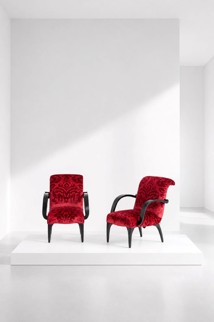 Gilbert Rohdes Pair of Armchairs (Attr.): Height: 82 cm Width: 64 cm Depth: 74 cm Seat Height: 41 cmExtraordinary pair of American armchairs from the 1930s attributed to the designer?. The pair of armchairs are made of very elegant red
