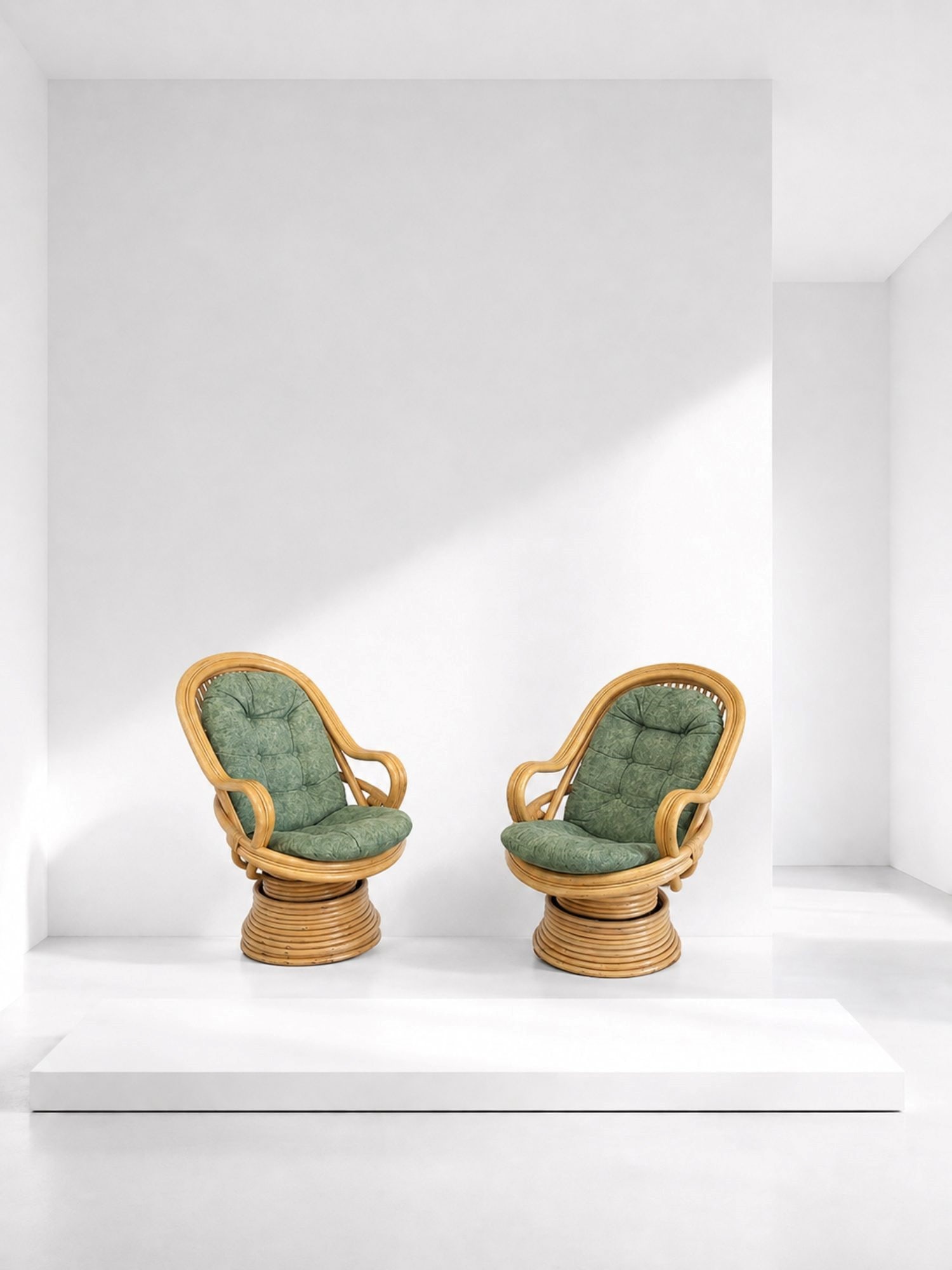 Manifattura Italiana Pair of bamboo armchairs: Height: 105 cm Width: 78 cm Depth: 100 cmPair of 1970s bamboo armchairs in original fabric.
