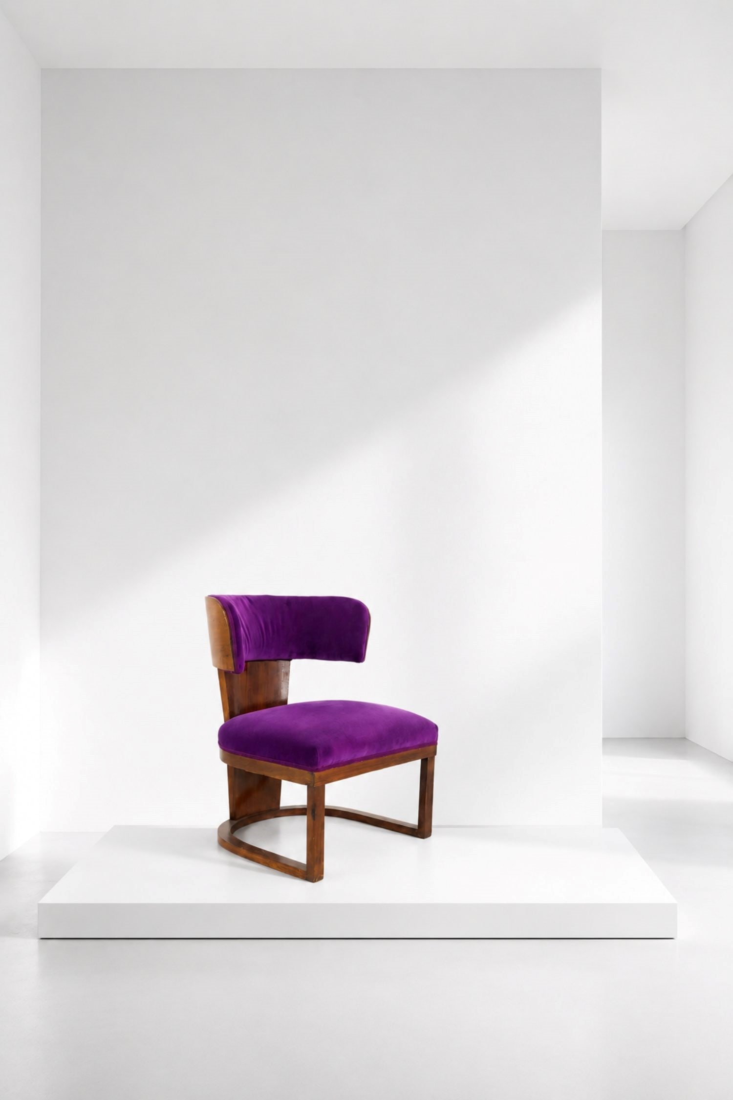 Ernesto Lapadula Armchairs velvet: 70 cm Height, 57 cm Width, 62 cm DepthArmchair by Ernesto Lapadula in wood and purple velvet, 1920s RATIONALIST