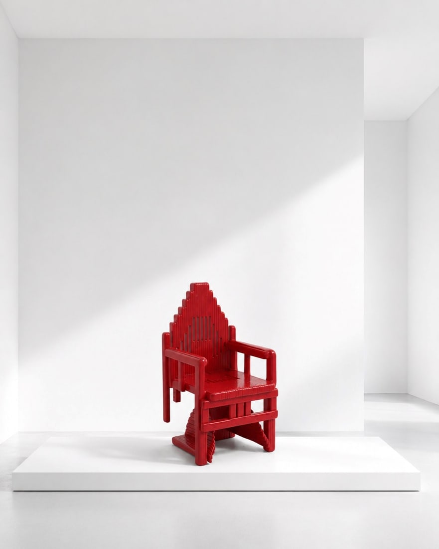 Paolo Portoghesi Throne Armchair: Height 98 cm, length 50 cm, depth 54 cmA postmodern throne-style armchair made in Brazil from red-stained wood.