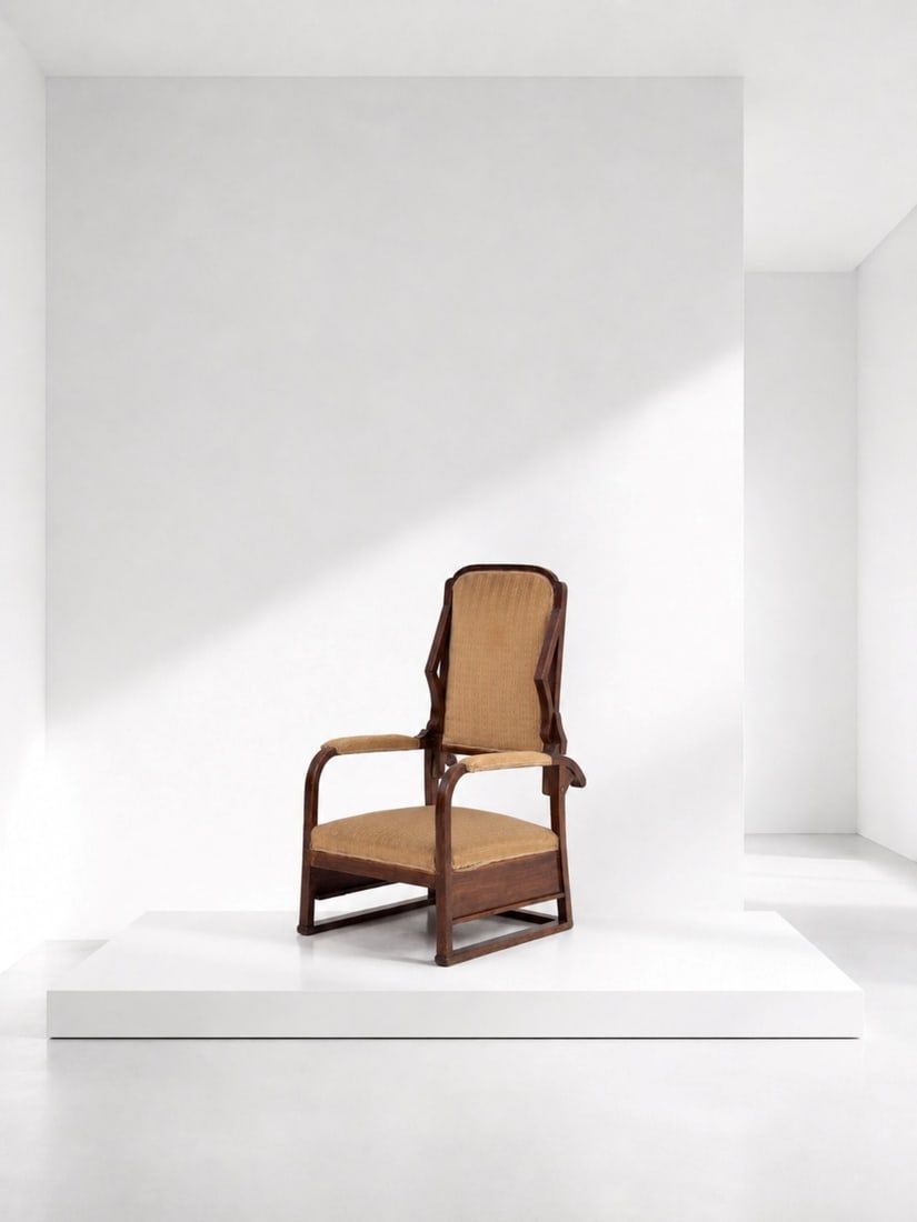 Manifattura Italiana Italian Liberty armchair in original fabric: Height: 121 cm Width: 67 cm Depth: 72 cm Seat height: 34 cmPeriod armchair in Italian Liberty style, with a curved wooden frame and refined details. Features a hidden reclining mechanism behind the