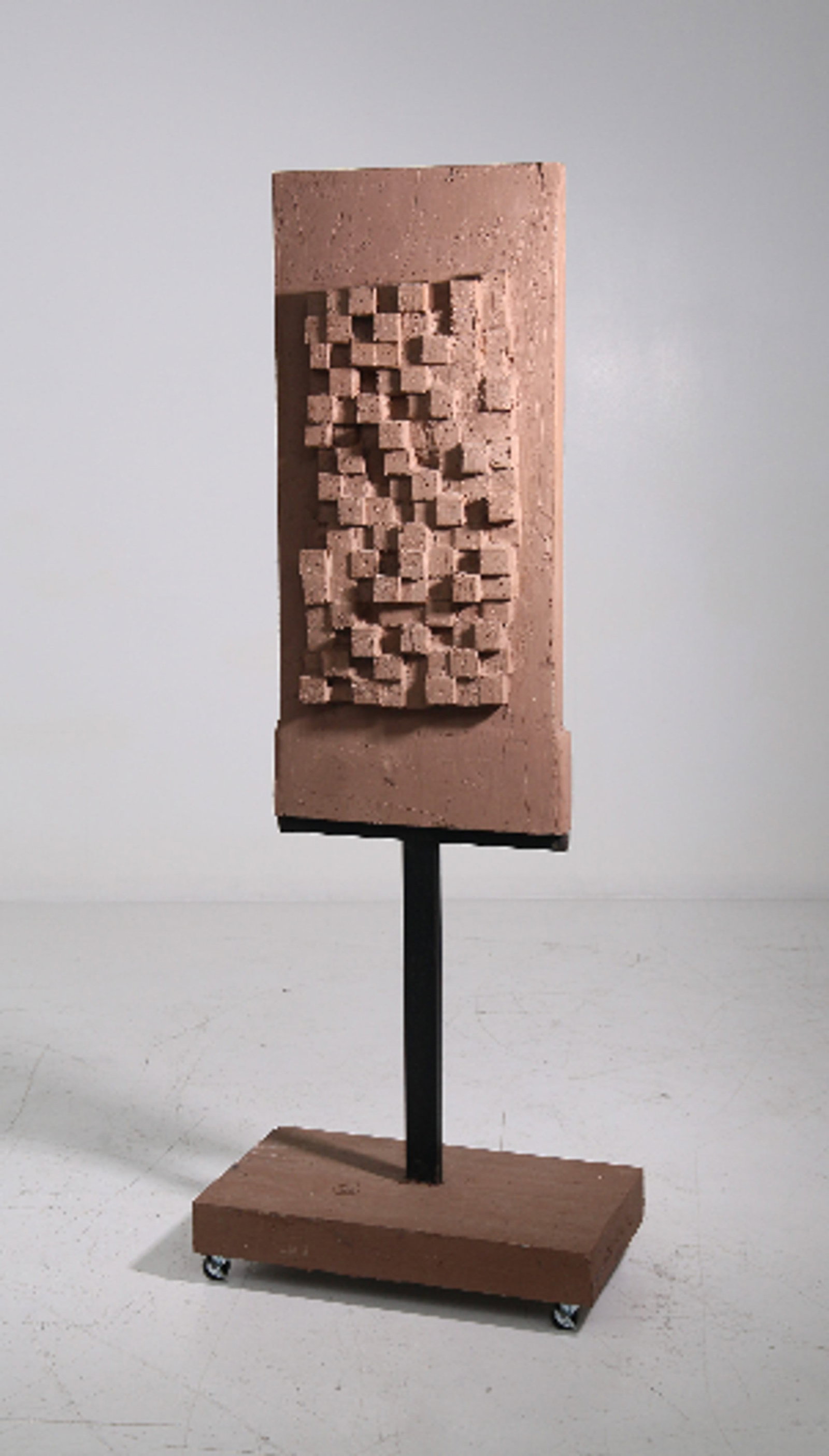 Mario Brunelli Italian wooden sculpture 1990: Height: 178cm Width: 58cm Depth: 31 cmSculpture by Mario Brunelli in wood with metal structure and wooden base with wheels, from the 1990s.