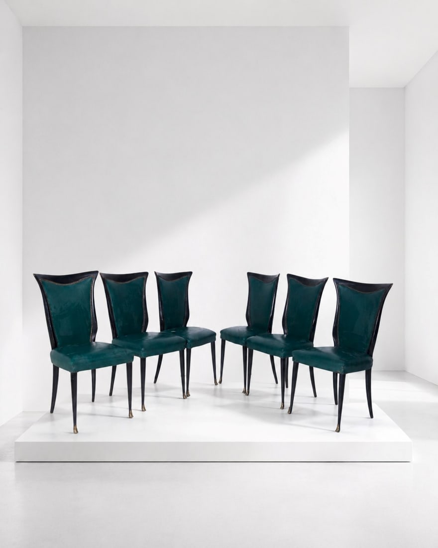 Manifattura Italiana Set of six Art Deco chairs: Height: 100 cm, Width: 46 cm, Depth: 50 cm,Set of six Italian Art Deco chairs in green leather with studs. Brass legs and stained wood frame. Circa the 1940s