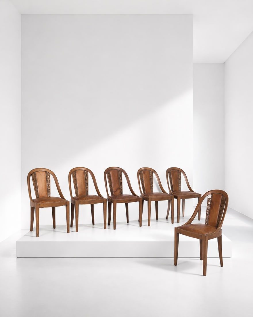 Manifattura Italiana Six Italian Art Nouveau-style chairs: Height: 90 cm, Width: 58 cm, Depth: 50 cmSet of six Italian Art Nouveau-style chairs with wood inlays in the shape of grape clusters. Early 20th century, featuring carved grape-cluster motifs and orig