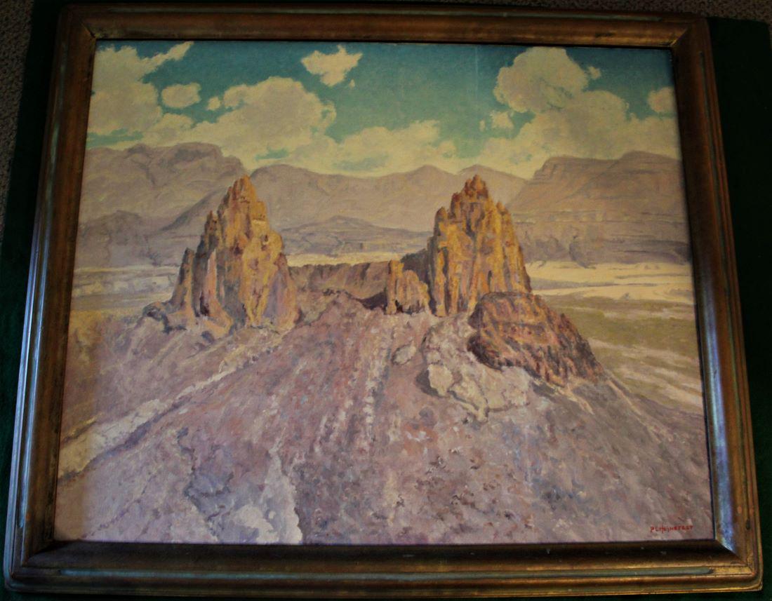 Mule Ear Peaks by P.L. Hohnstedt: P.L. Hohnstedt 1871-1957, Oil on Canvas. Artist born is Cincinnati, OH. He was trained by Frank Duveneck. He moved to New Orleans in 1914 where he was asked to do paintings for Delgado Museum. He was