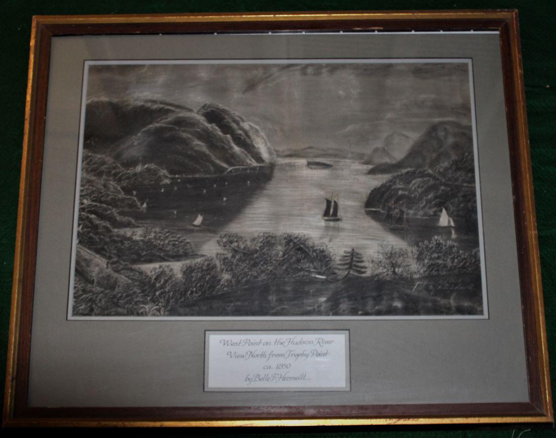 West Point on the Hudson River by Belle Herswill: Belle F. Herswill, painting appears to be charcoal, West Point on the Hudson River view north from Trophy Point. Painting size 13 1/2Hx20W