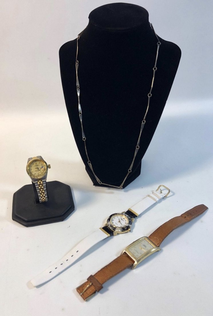MISCELLANEOUS JEWELRY LOT: MISCELLANEOUS JEWELRY LOT ~ ONE STERLING SILVER CHAIN (0.355 TROY OZ) & THREE WATCHES STYLES INCLUDE METAL & LEATHER BANDS.