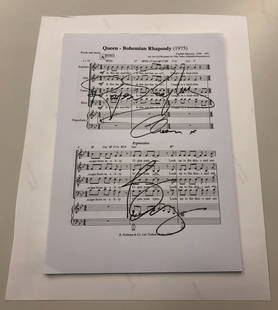 Signed Queen "Bohemian Rhapsody" Sheet Music: Signed by Freddie Mercury, Brian May, Roger Taylor,