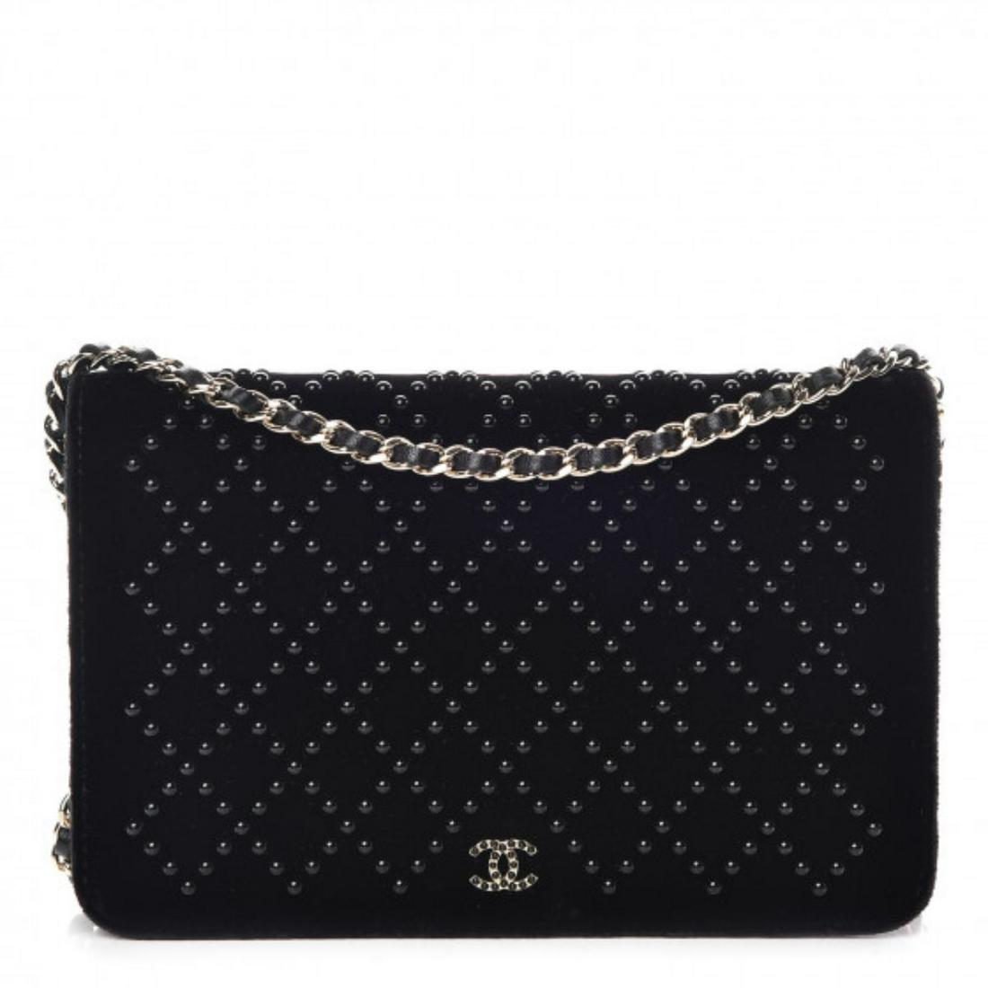 Chanel Velvet Wallet On Chain: Brand: CHANEL Style: Velvet Studded Wallet On Chain WOC Black Detail: Crafted of luxurious black velvet covered with black beads in a diamond pattern throughout the front and back of the handbag. The