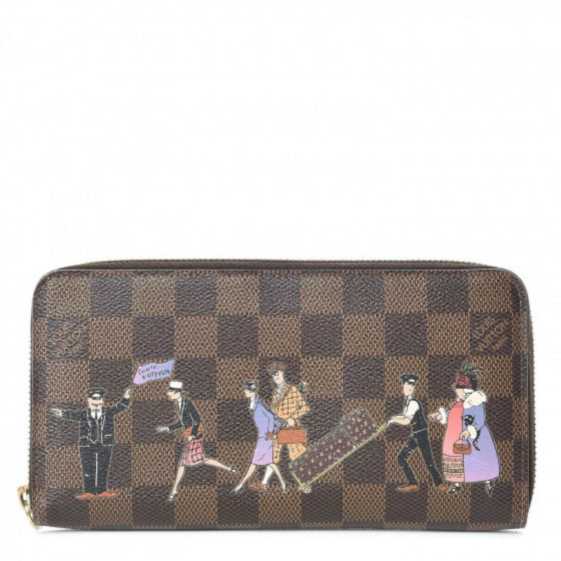 LOUIS VUITTON Damier Ebene Wallet: Brand: LOUIS VUITTON Style: Damier Ebene Illustre Zippy Wallet Violette or 100% of your money back. This wallet features a colorful design of lady travelers being directed at the train station by the