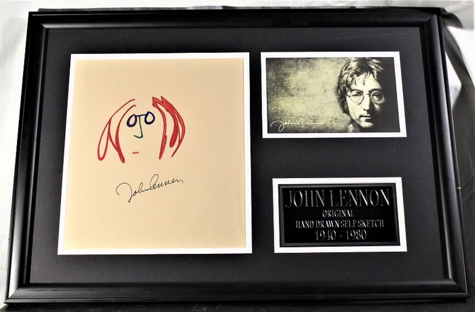 John Lennon Signed "Imagine" Sketch , Framed: John Lennon (1940-1980) signed â€œImagine” Sketch. Boldly signed in black ink. Matted and framed with a 4 ½” x 7 ½” black and white image of John Lennon, with an ov