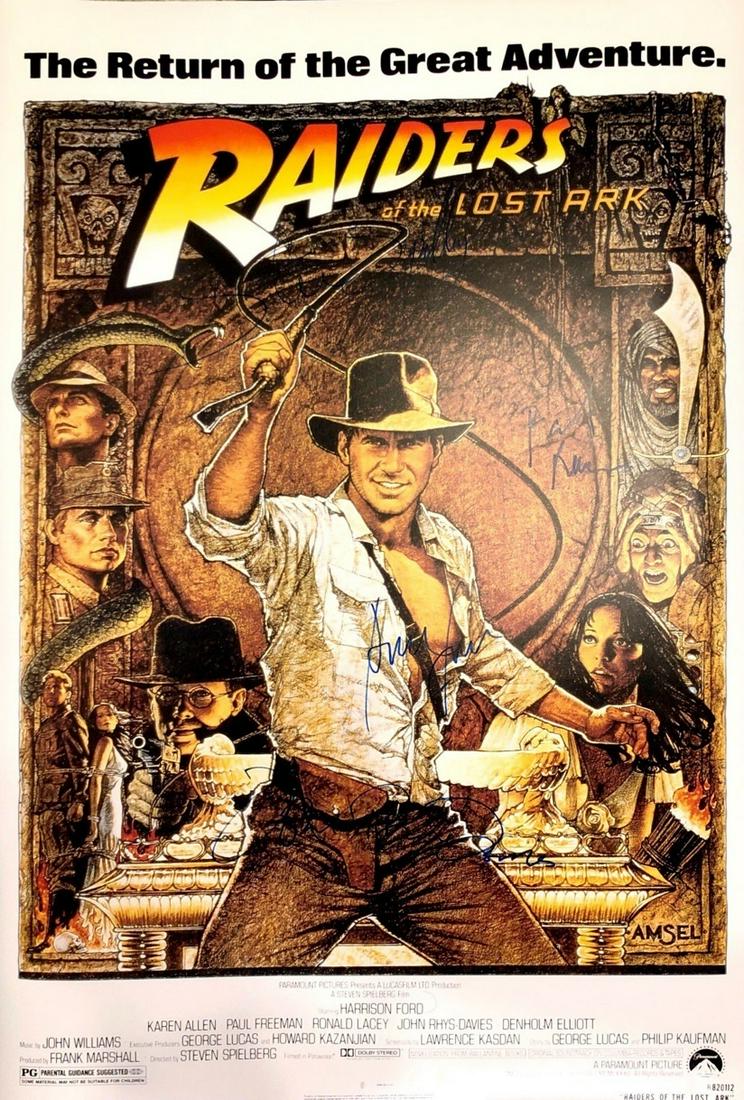 Raiders of the Lost Ark Signed Movie Poster: Signed by Harrison Ford, Karen Allen, Alfred Molina, John Rhys-Davies, George Lucas, Steven Spielberg, John Williams