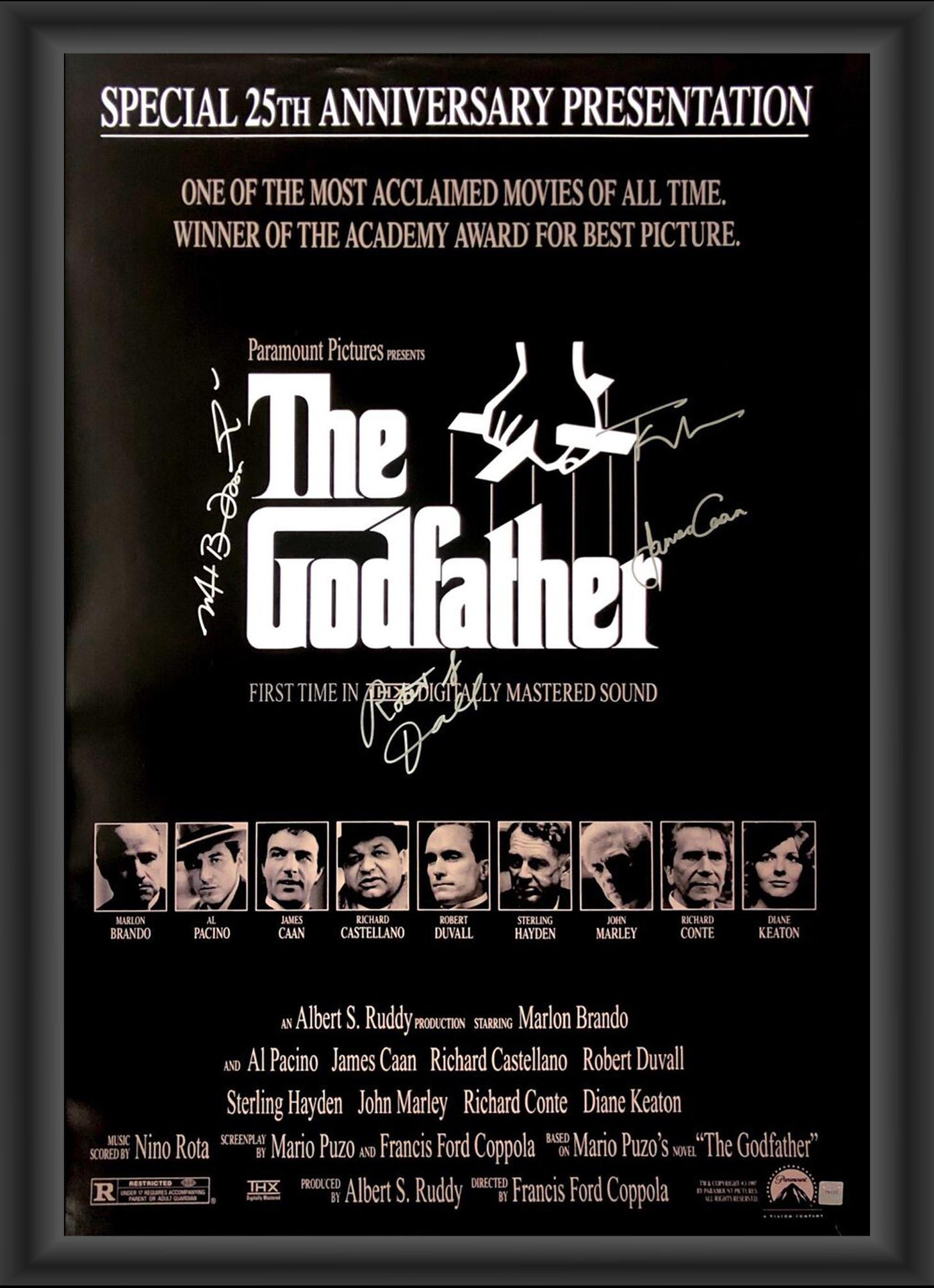 Signed The Godfather 25th Anniversary Presentation: Signed and Framed . Autographed by Francis Ford Coppola, Marlon Brando, Al Pacino, James Caan and Robert Duvall