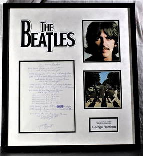 Signed George Harrison  Here Comes The Sun Lyric Sheet: Signed and Framed. Autographed George Harrison (1943-2001) Lyric Sheet, â€œHere Comes the Sun&rdquo;. Boldly signed in blue ink. Matted and framed with a 5 &frac12;&rdquo; x 5 &frac12;&rdquo; colo