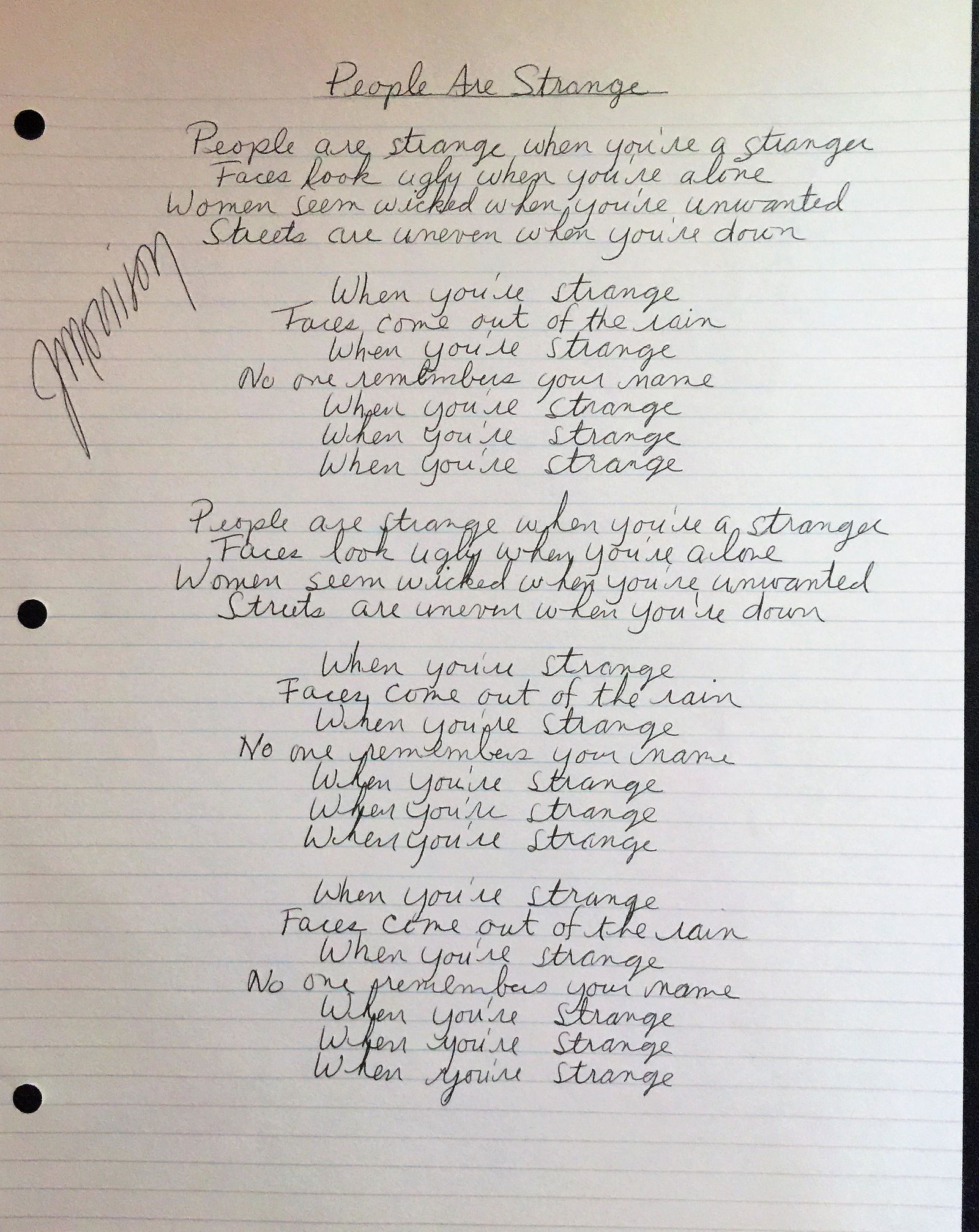 Jim Morrison Signed And Handwritten Riders On The Storm