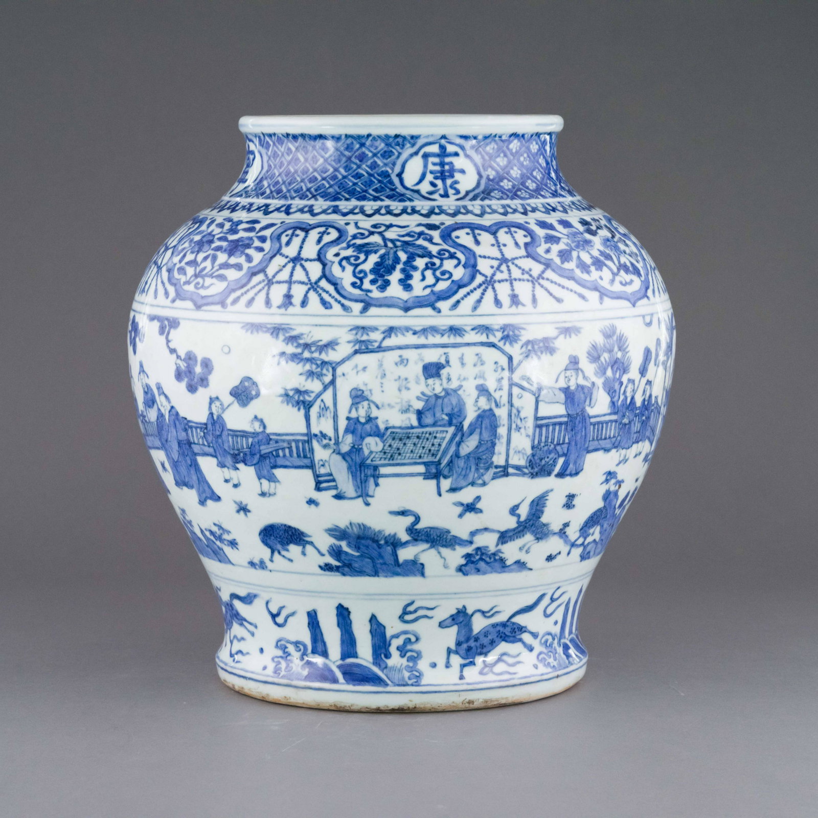 MING BLUE AND WHITE FIGURINES JAR: Dimensions: Height: 12.875 inch x Width/Diameter: 11.625 inch x Length/Depth: 11.625 inch Dimensions in Centimeter: 32.7 cm x 29.5 cm x 29.5 cm Extraordinary, Chinese Ming Dynasty blue and white figur