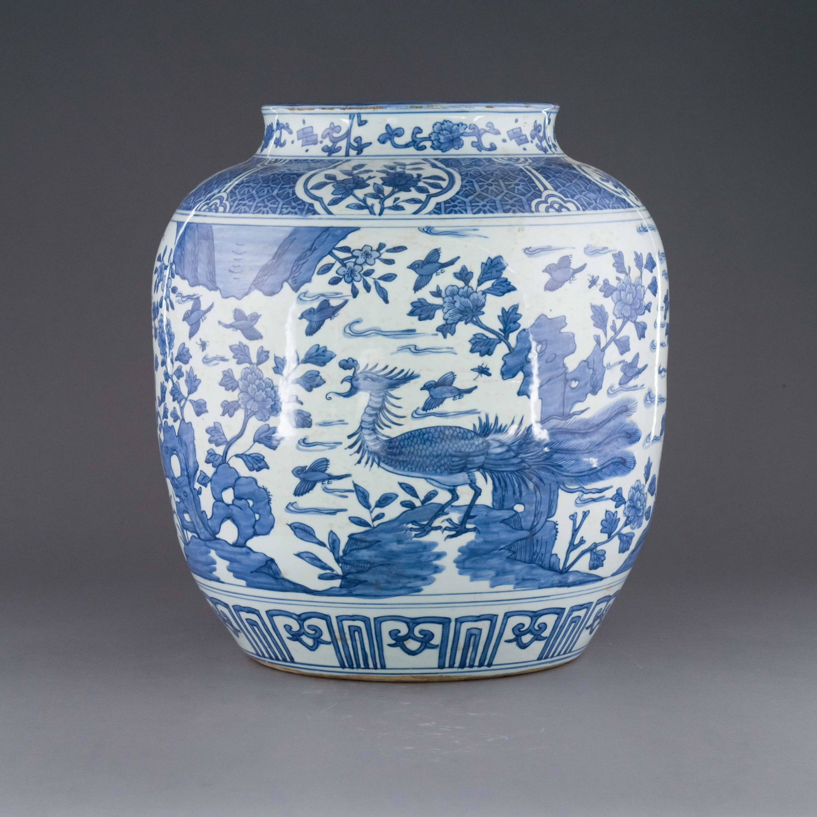 MING BLUE AND WHITE PEACOCK JAR: Dimensions: Height: 15.375 inch x Width/Diameter: 13.5 inch x Length/Depth: 13.5 inch Dimensions in Centimeter: 39.1 cm x 34.3 cm x 34.3 cm Chinese Ming Dynasty blue and white peacock jar. The shape h