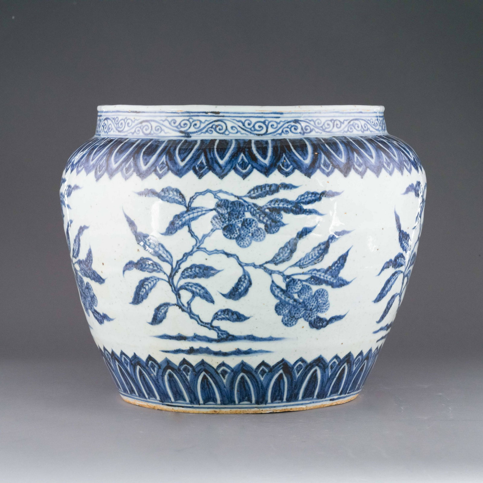MING BLUE AND WHITE LYCHEE ABUNDANTS FISH POT: Dimensions: Height: 15.25 inch x Width/Diameter: 19.25 inch x Length/Depth: 19.25 inch Dimensions in Centimeter: 38.7 cm x 48.9 cm x 48.9 cm Extraordinary, Chinese Ming Dynasty blue and white Lychee a