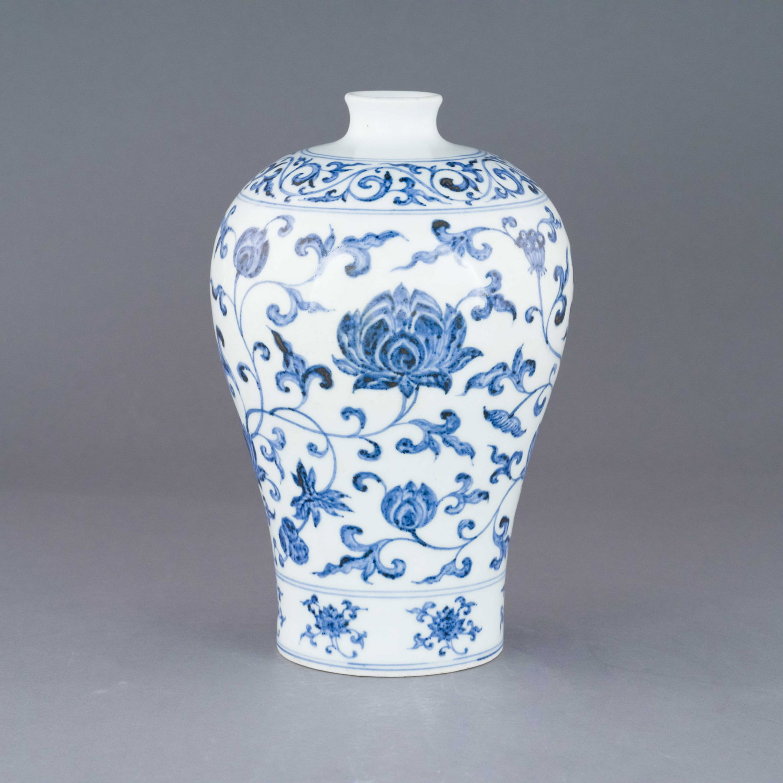 MING YONGLE BLUE & WHITE WRAPPED MEIPING JAR: Dimensions: Height: 10.25 inch x Width/Diameter: 6.25 inch x Length/Depth: 6.25 inch Dimensions in Centimeter: 26 cm x 15.9 cm x 15.9 cm Extraordinary, 14th C. Ming Dynasty Period, Yongle blue and whi